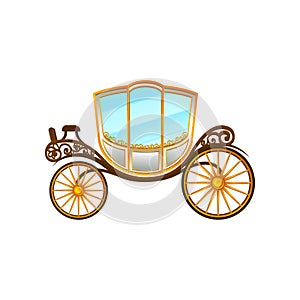Royal horse-drawn carriage with big cab and wheels. Vintage passengers transport. Flat vector element for wedding