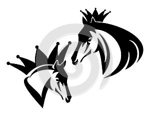 Royal horse in king crown black and white vector head portrait set