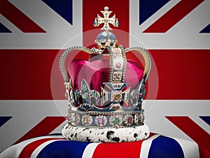 Royal imperial state crown on UK flag background. Symbols of Great Britain UK United Kingdom monarchy
