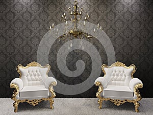 Royal interior. chandelier with armchairs
