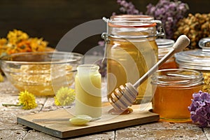 Royal jelly and honey background photo