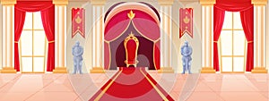 Royal kingdom hall. Castle interior. Ballroom in medieval palace. Queen or king throne. Elegant tapestry. Window and red