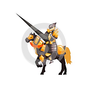 Royal knight on horseback. Armored horse rider with lance. Flat vector design for story book or mobile game