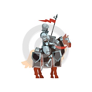 Royal knight sitting on horse with red flag and shield in hand. Brave warrior in steel shiny armor. Flat vector design