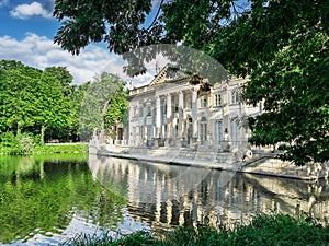 Royal Lazienki Park in Warsaw, Poland. Palace on the Water, Northern facade. Reflections of the palace in the pond. View from