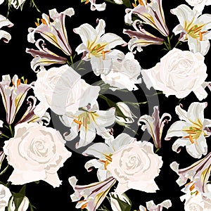 Royal lilies and white roses seamless pattern. Summer tenderness background.