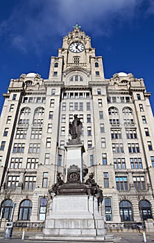 Royal Liver Building and Alfred Lewis Jones Memorial in Liverpool