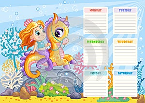 Royal mermaid kids weekly planner vector illustration