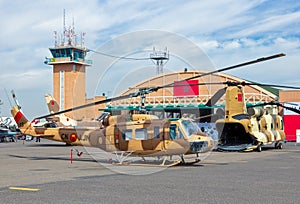 Royal Moroccan Air Force Bell UH-1 Huey helicopter at Marrakesh Airport. Marrakech, Morocco - April 28, 2016