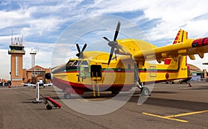 Royal Moroccan Air Force Canadair CL-415 aerial firefighting plane at the Marrakesh Air Expo. Marrakech, Morocco - April 28, 2016 photo