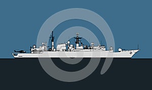 Royal Navy. Type 22 batch III Broadsword-class frigate. Navy escort ship. Silhouette of a modern military ship.