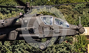 Royal Netherlands Air Force Boeing AH-64 Appache attack helicopter taking off from Gilze-Rijen Air Base. The Netherlands -