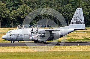 Royal Netherlands Air Force Lockheed C-130 Hercules transport plane arriving at Eindhoven Airbase. The Netherlands - July 3, 2020