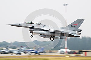 Royal Norwegian Air Force Lockheed F-16BM Fighting Falcon 306 fighter jet arrival and landing for RIAT Royal International Air