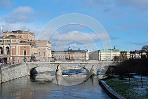 The Royal Opera of Stockholm near the river and bridge