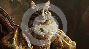 royal opulent cat wearing frill costumes in a sophisticated environment