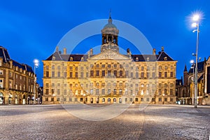 Royal Palace in Amsterdam on the Dam Square in the evening