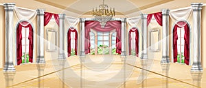 Royal palace ballroom interior background, medieval castle hall, marble pillar, chandelier, window arch.