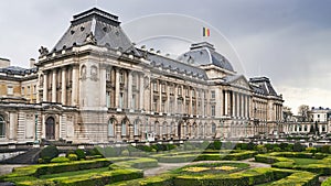 The Royal Palace in Brussels, Belgium from the northeastern corner in spring. National flag of the Kingdom of Belgium