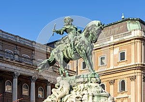 Royal palace of Buda and Prince Eugene of Savoy statue in Budapest, Hungary