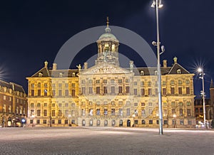 Royal Palace on Dam square at night, Amsterdam, Netherlands