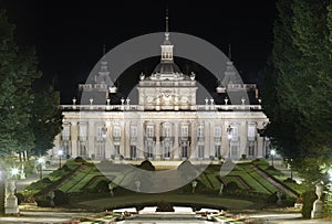 Royal Palace and gardens of La Granja by night. Spain photo