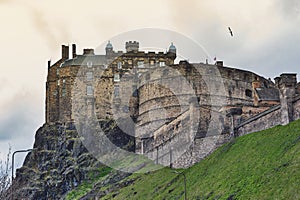 Royal Palace and Half Moon Battery of Edinburgh Castle, popular tourist attraction and landmark of Edinburgh, Scotland, UK