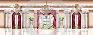 Royal palace interior background, vector museum hall illustration, magic luxury ballroom, arch window.