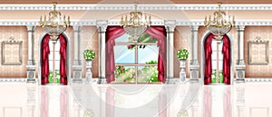 Royal palace interior background, vector wedding banquet hall, fairy tale ballroom, arch window, pillar.