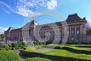 The Royal Palace Palais de Bruxelles in center of Brussels, view from Place des Palais. Sunny spring day. Brussels, Belgium