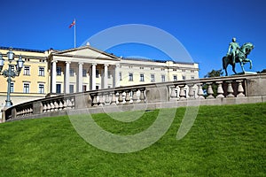 The Royal Palace and statue of King Karl Johan XIV in Oslo, Norw