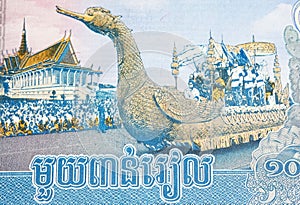 Royal Palace throne room, swan-shaped float carrying Sihanouk\'s body on 1000 Riel Cambodia banknote currency