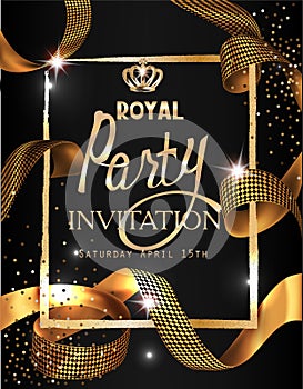 Royal party invitation card with gold curly ribbon, textured frame and crown