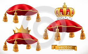 Royal pillow and crown. 3d vector icon set