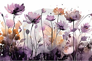 Royal purple and gold flower garden, Watercolor