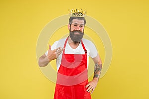 Royal recipe. Man king cook wear cooking apron and golden crown. Kitchen is my kingdom. Ideas and tips. Chief cook and