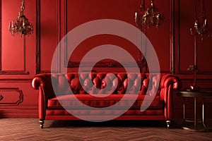 Royal red color sofa with royal red wall background with lamps