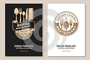 Royal Restaurant poster design. Vector Illustration. Vintage graphic design for logotype, label, badge with crown, plate