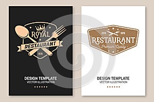 Royal Restaurant poster design. Vector Illustration. Vintage graphic design for logotype, label, badge with crown, plate