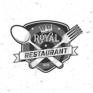 Royal Restaurant shop, menu logo. Vector Illustration. Vintage graphic design for logotype, label, badge with crown