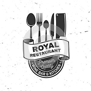 Royal Restaurant shop, menu logo. Vector Illustration. Vintage graphic design for logotype, label, badge with crown