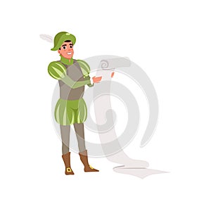 Royal scribe European medieval character holding a scroll vector Illustration on a white background