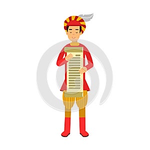 Royal scribe medieval character holding a scroll, colorful Illustration