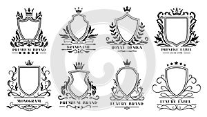 Royal shields badges. Vintage ornamental frames, decorative royal swirl heraldic borders and luxury filigree wedding