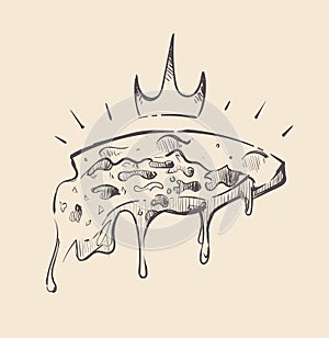 A royal slice of pizza with a dangling stretch of cheese sketch