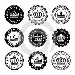 Royal stamp collection. Vector circle badges with crown design element