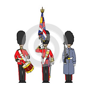 The royal standard bearer in a bearskin hat. A guard in a greatcoat.