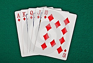 A royal straight flush playing cards poker hand