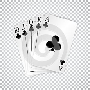 A royal straight flush playing cards poker hand in clubs