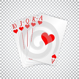 A royal straight flush playing cards poker hand in hearts